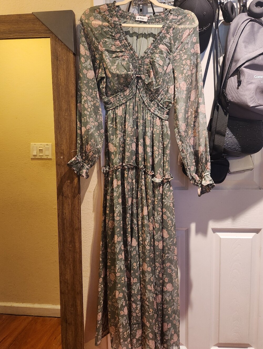 Floral Green Long Sleeve Maxi Dress - Feminine Ruffle Detail